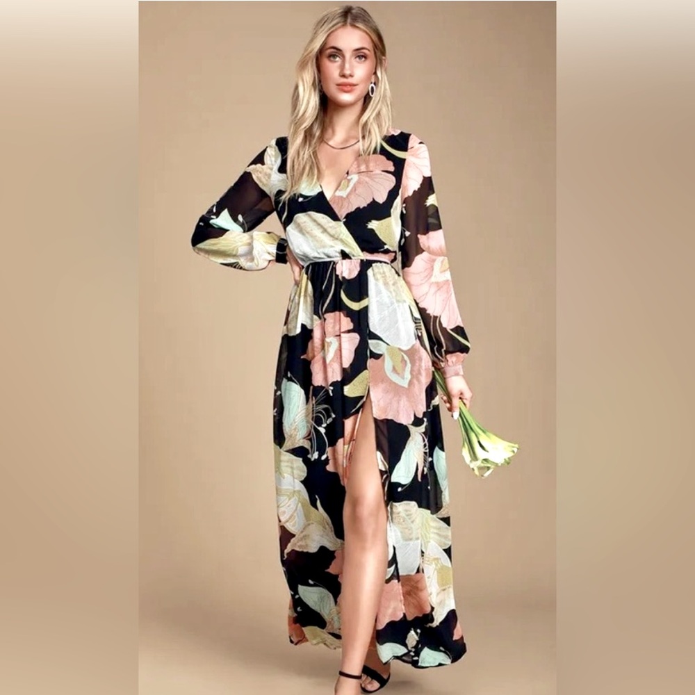 Maxi Dress, Lulu*s, Gorgeous Floral, Side Slit, NEW, Size M, Party, Blac, Pink